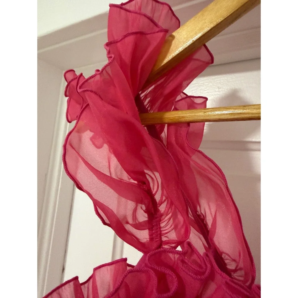 Free People Pink Rosette Ruffle Bodysuit Floral 3D Applique Fuchsia‎ Sleeveless